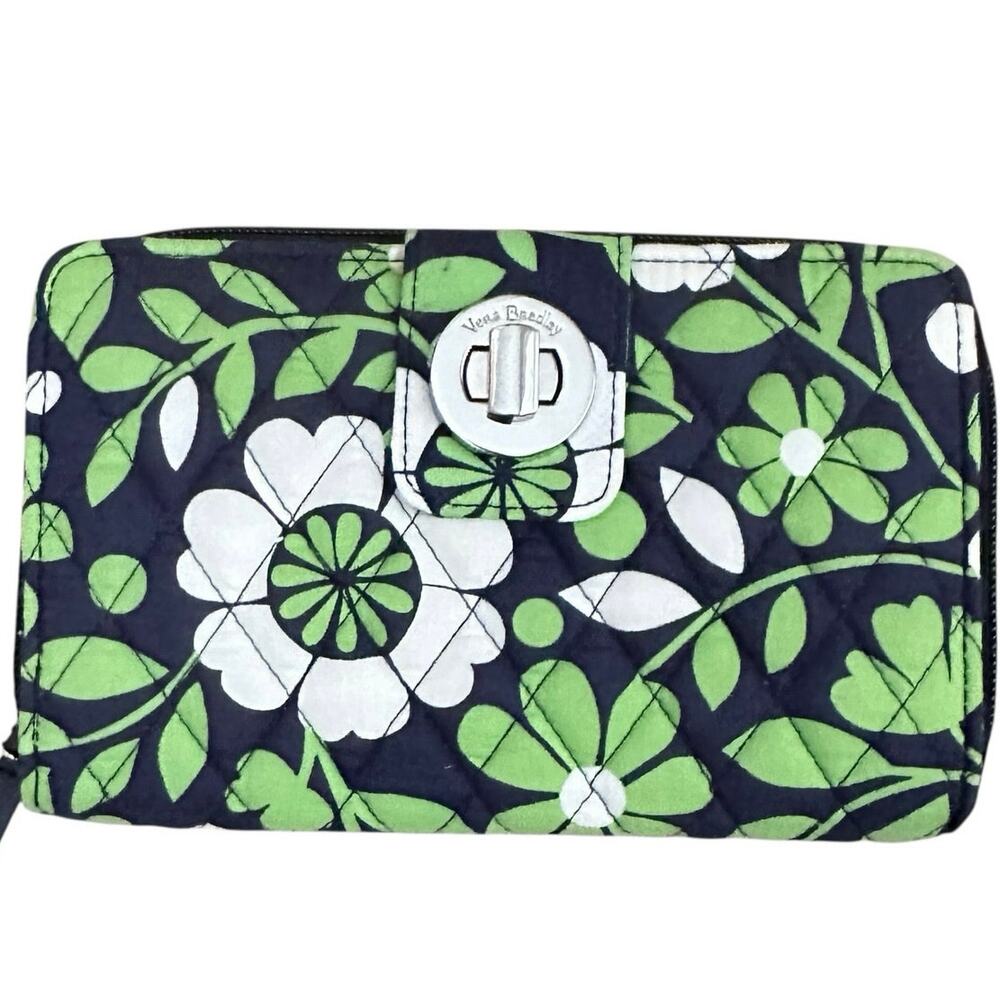 Vera Bradley Midnight Blues Turn Lock Zip Wallet Navy Green Floral Organizer